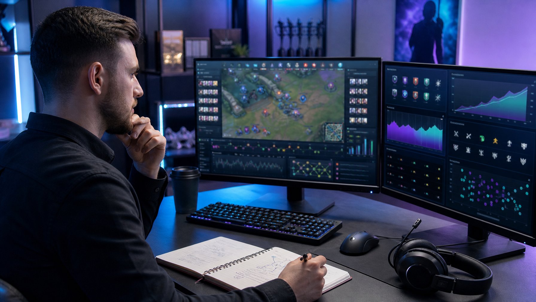 Analis esports meninjau data pertandingan di beberapa monitor dalam ruang kerja modern.
