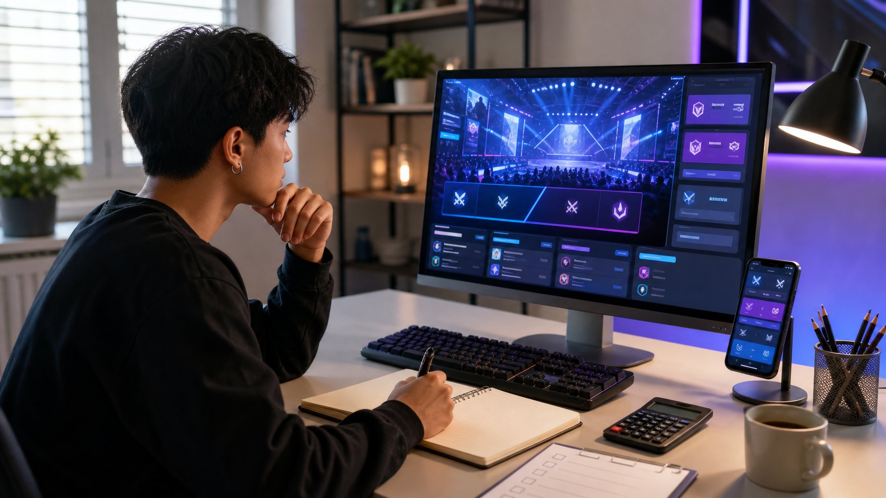 Seorang pemula mempelajari bonus taruhan gratis esports di meja kerja dengan komputer dan ponsel.