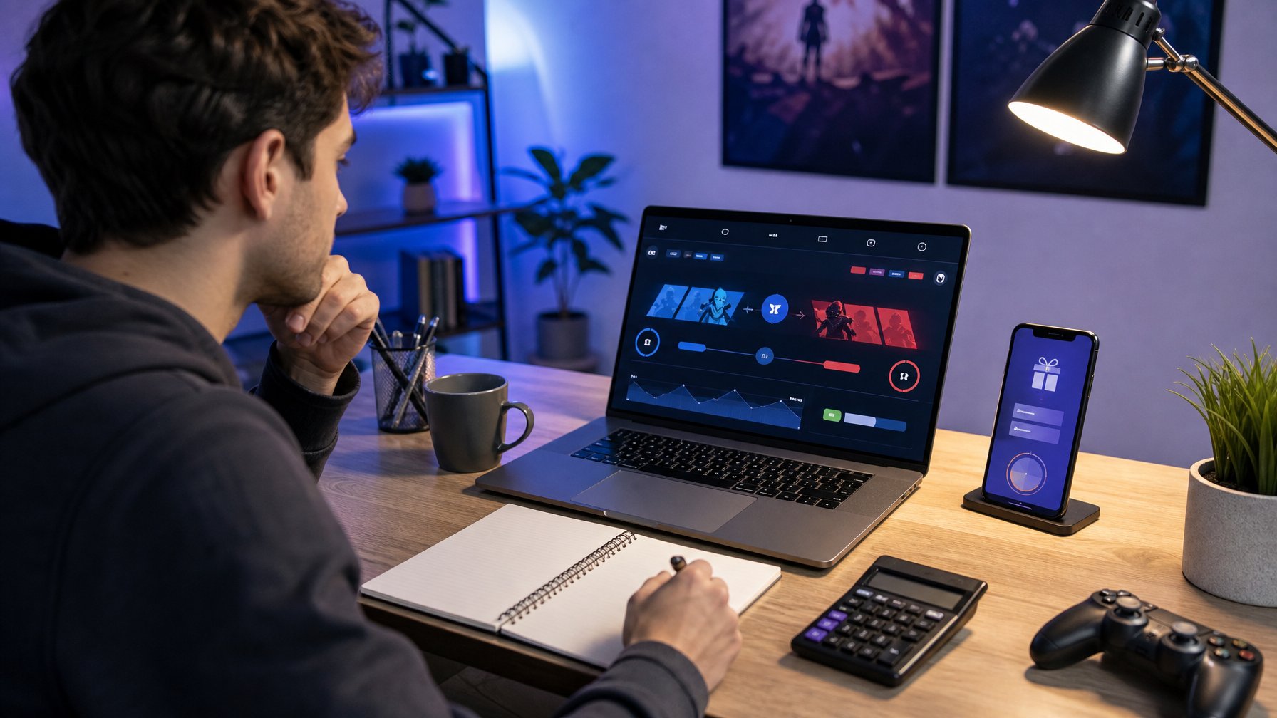 Seorang pemula mempelajari bonus taruhan esports di laptop dengan catatan dan kalkulator di meja kerja.