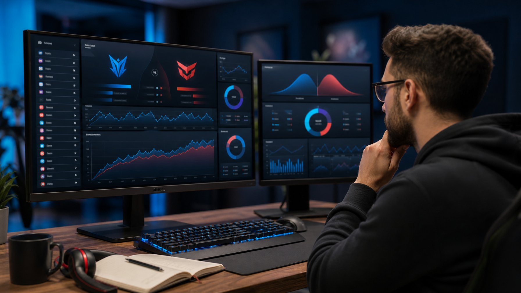 Seorang analis mengamati grafik dan data pertandingan esports pada beberapa layar komputer di ruang kerja modern.