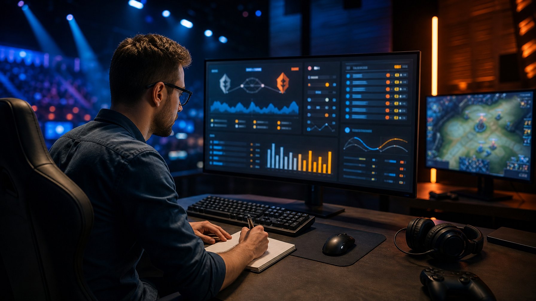 Seorang analis esports mempelajari grafik data abstrak di workstation modern.