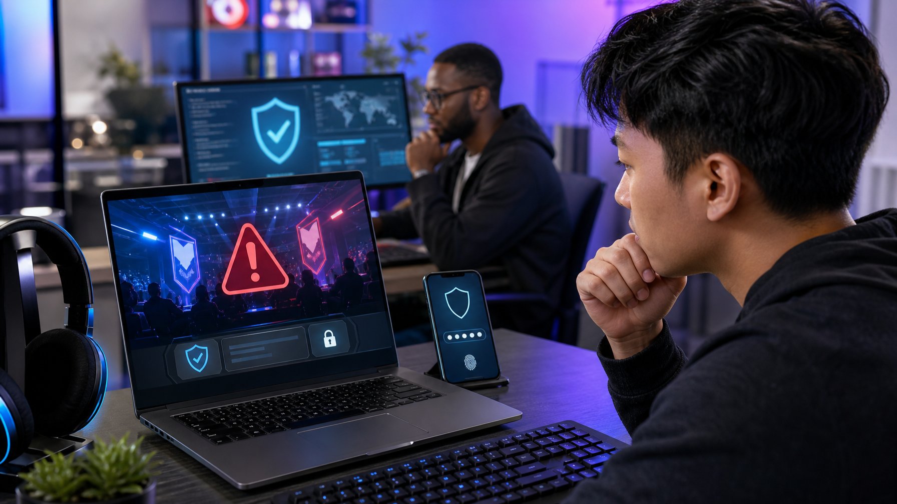 Pengguna esports memeriksa laptop dengan simbol keamanan dan verifikasi, sementara perangkat lain menampilkan perlindungan akun digital.