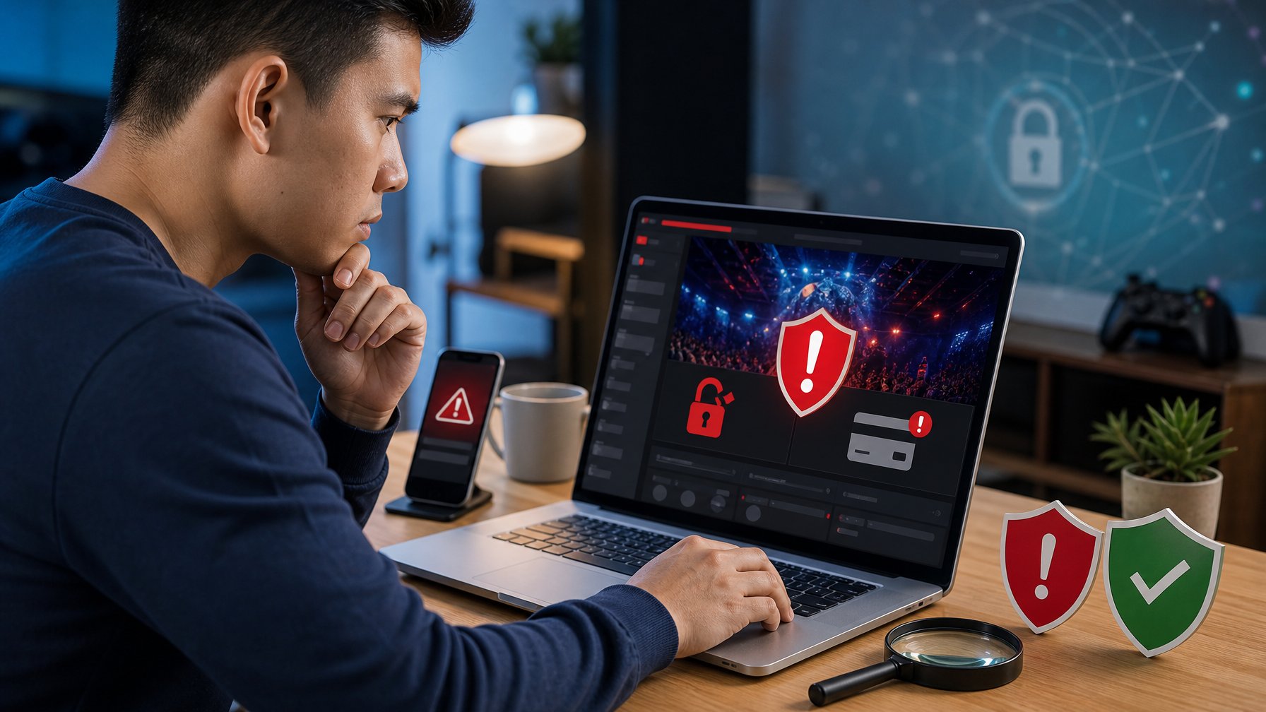 Seseorang memeriksa situs taruhan esports mencurigakan di laptop dengan simbol peringatan keamanan.