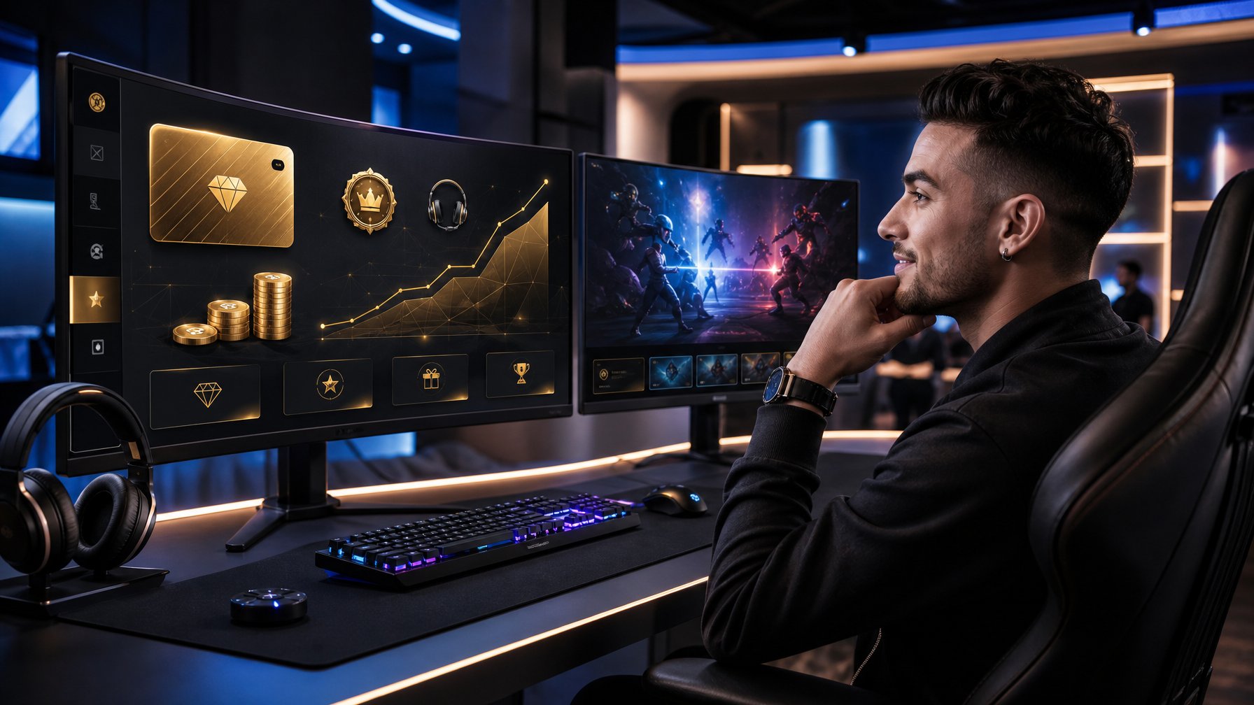 Orang dewasa meninjau dasbor keanggotaan premium di ruang esports modern dengan simbol hadiah dan loyalitas.