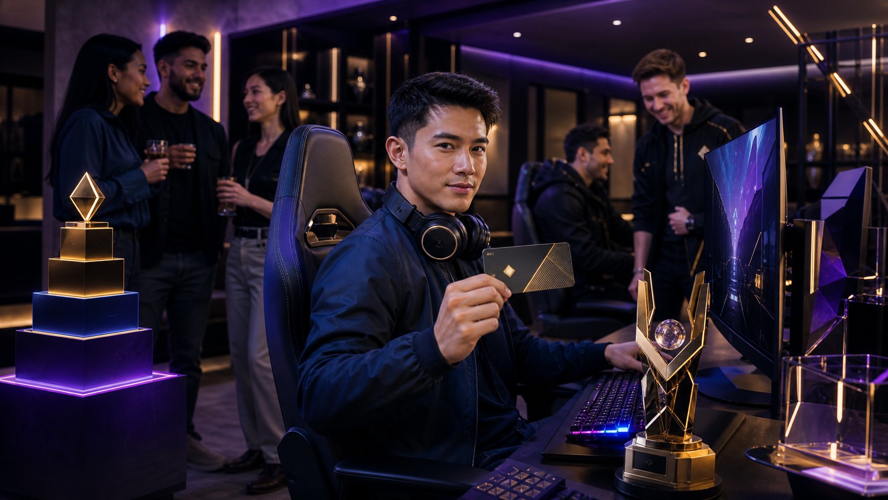Sekelompok pemain esports dewasa menikmati ruang gaming premium dengan simbol penghargaan dan akses eksklusif.