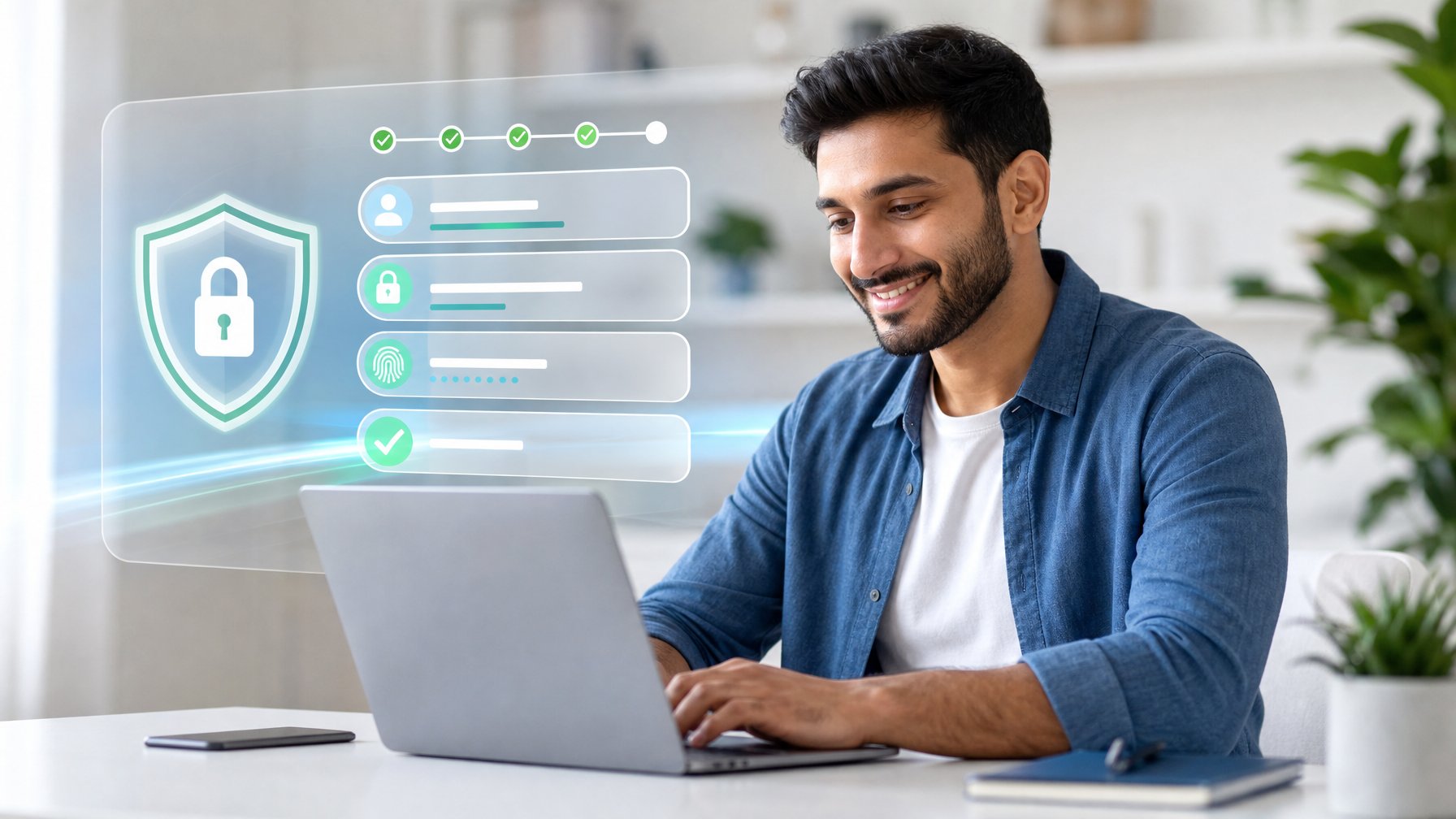 Seseorang mendaftarkan akun melalui laptop dengan simbol keamanan dan konfirmasi digital.