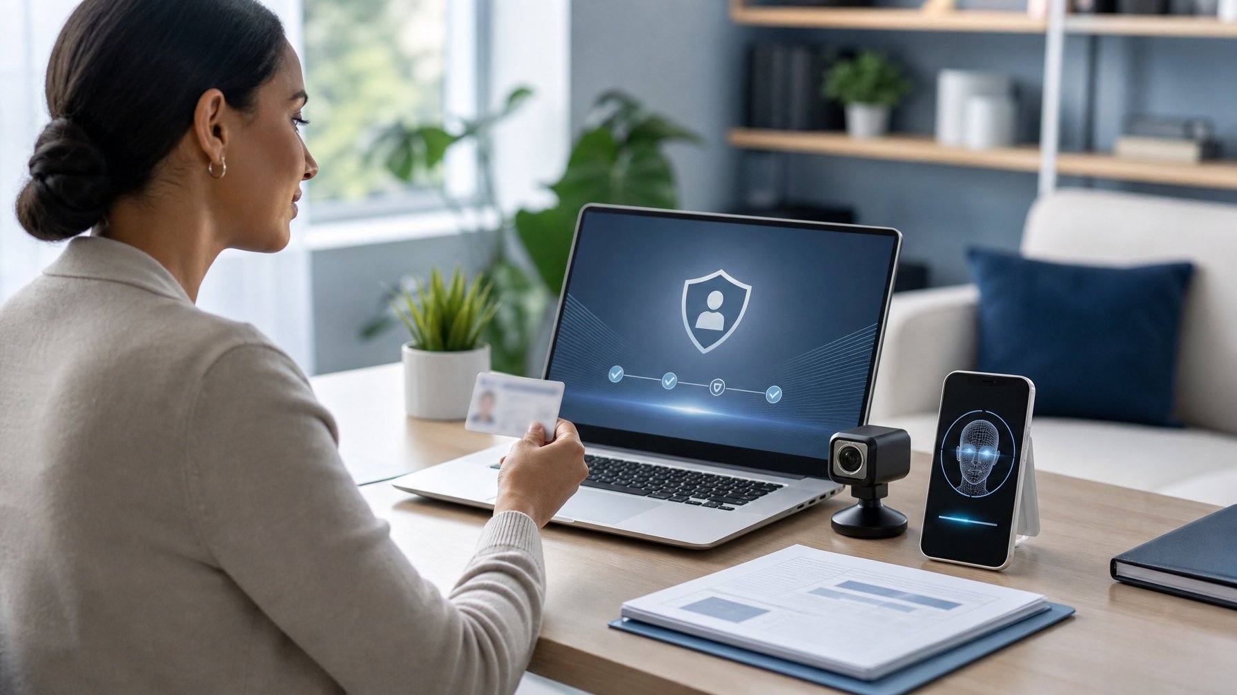 Seseorang memverifikasi identitas untuk pendaftaran akun daring menggunakan laptop dan ponsel di ruang kerja modern.
