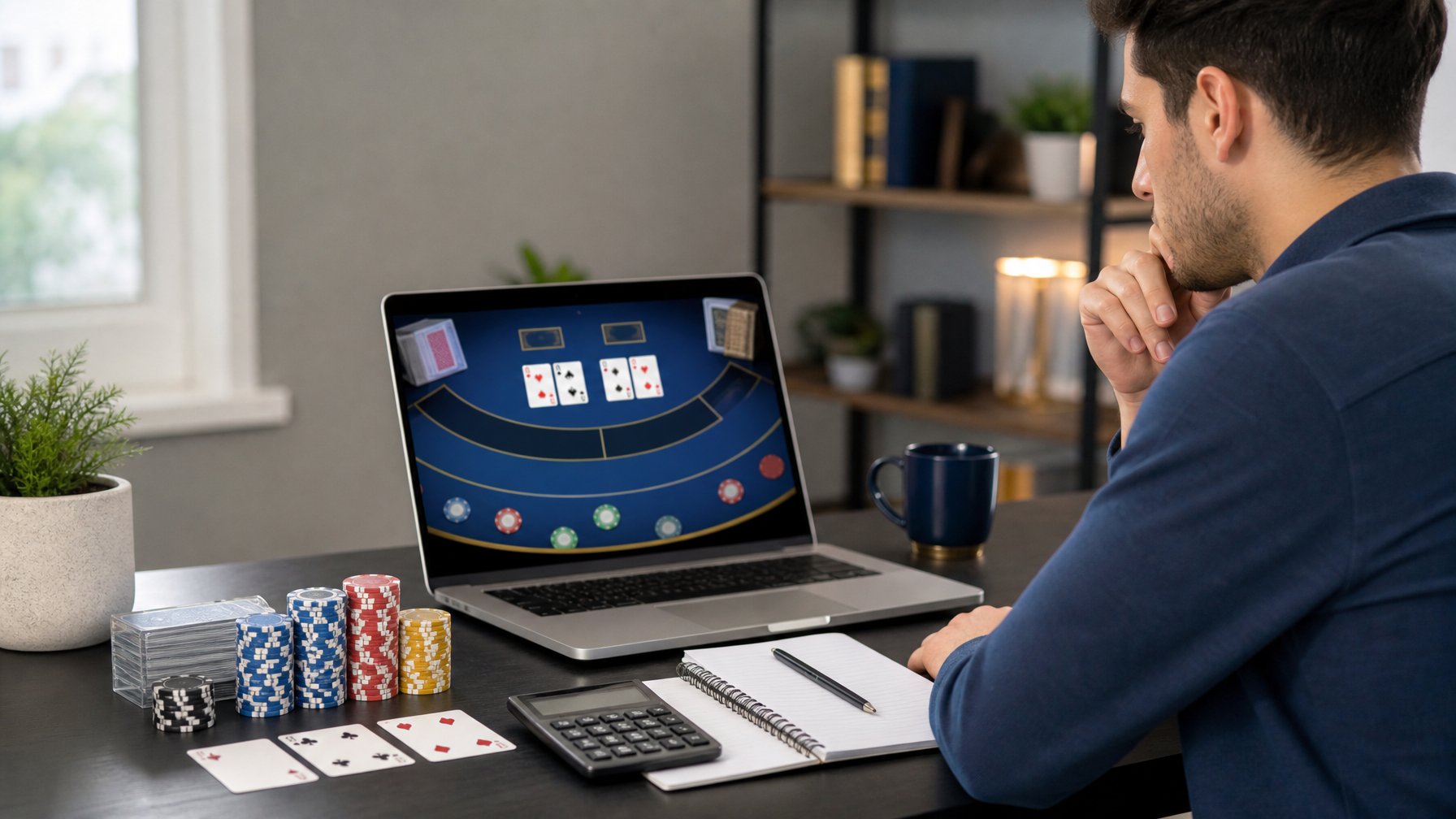 Seorang pemula mempelajari strategi baccarat online di meja kerja dengan laptop, kartu, dan keping kasino.