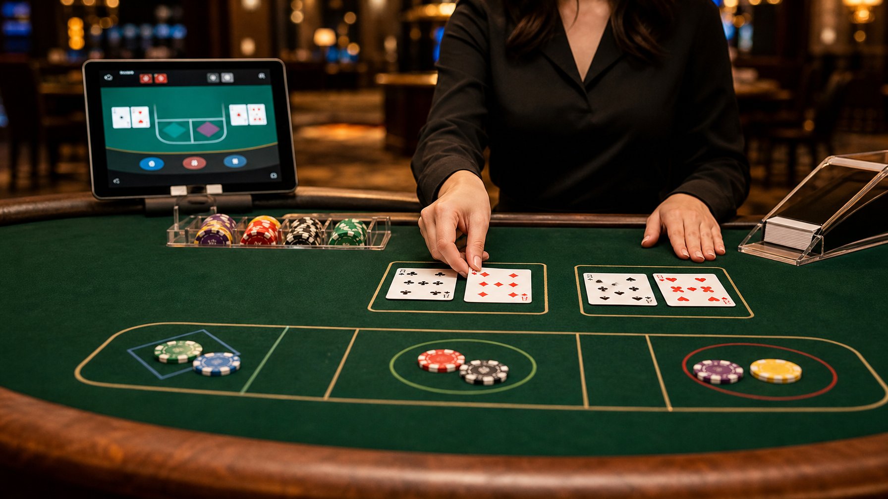 Meja baccarat dengan kartu, chip, dan tangan dealer yang sedang menunjukkan tata cara permainan.