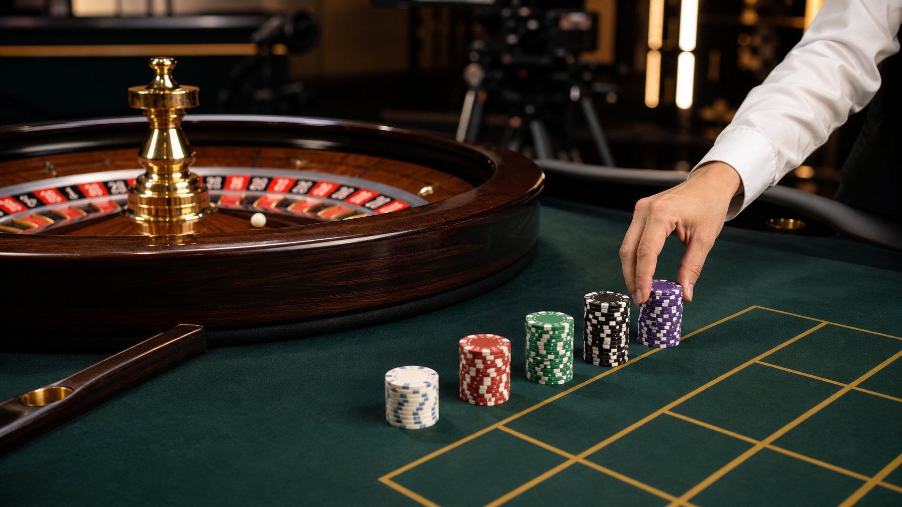 Tangan dealer menempatkan keping taruhan di meja roulette dalam suasana kasino modern.