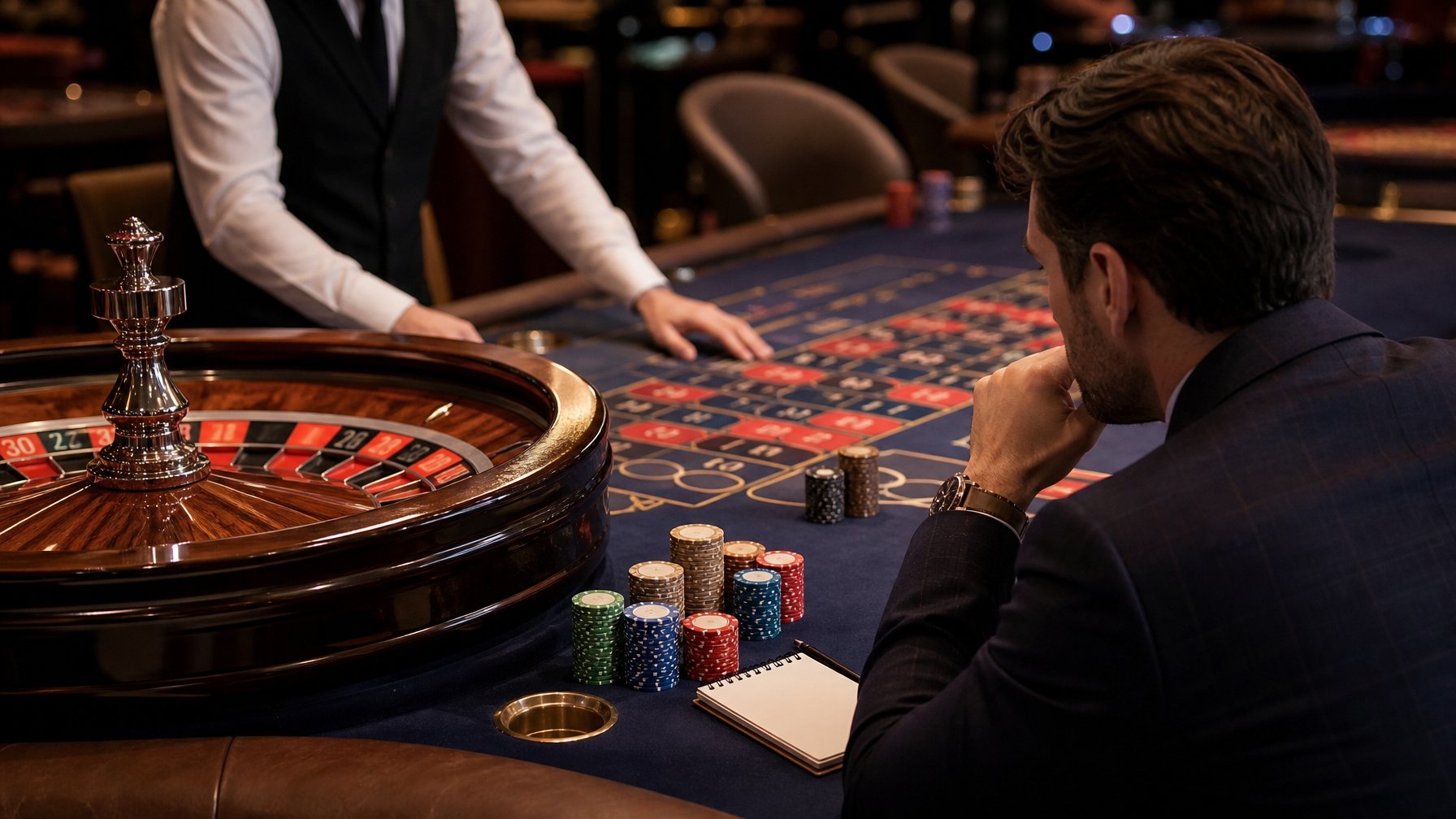 Pemain mengamati roda roulette dan susunan keping taruhan di meja kasino.