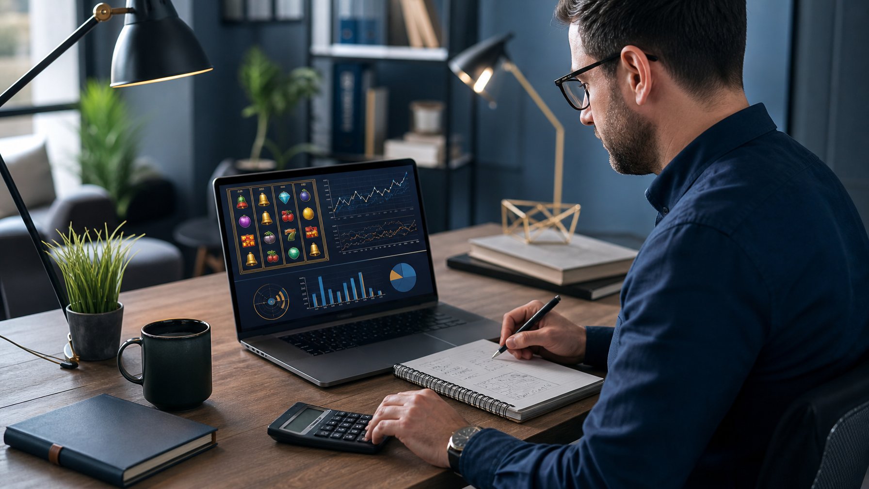 Seseorang menganalisis pola permainan kasino daring di laptop dengan catatan dan grafik statistik.