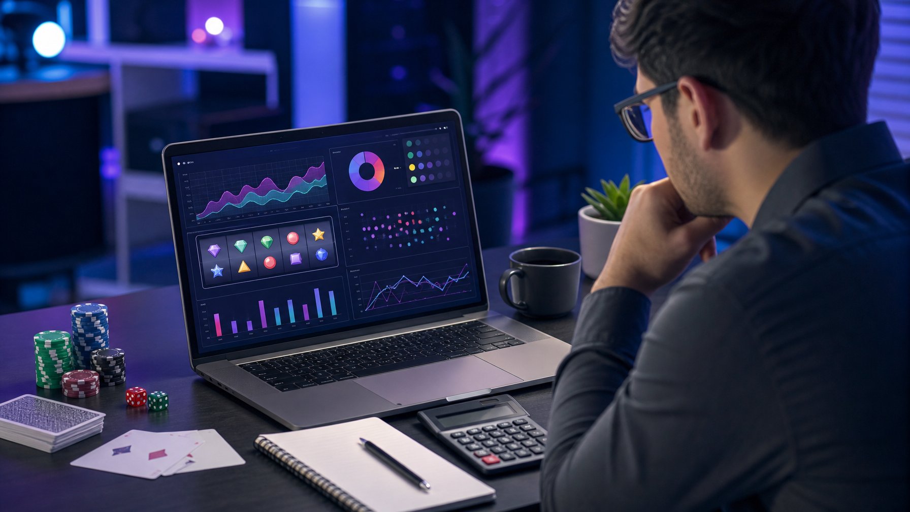 Seorang analis mempelajari grafik probabilitas dan simbol permainan kasino pada ruang kerja modern.