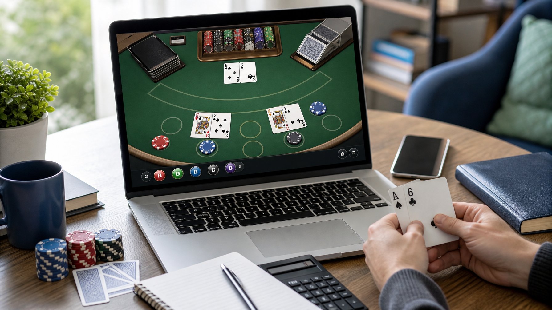 Laptop menampilkan meja blackjack daring dengan kartu, keping taruhan, dan perlengkapan belajar di atas meja.