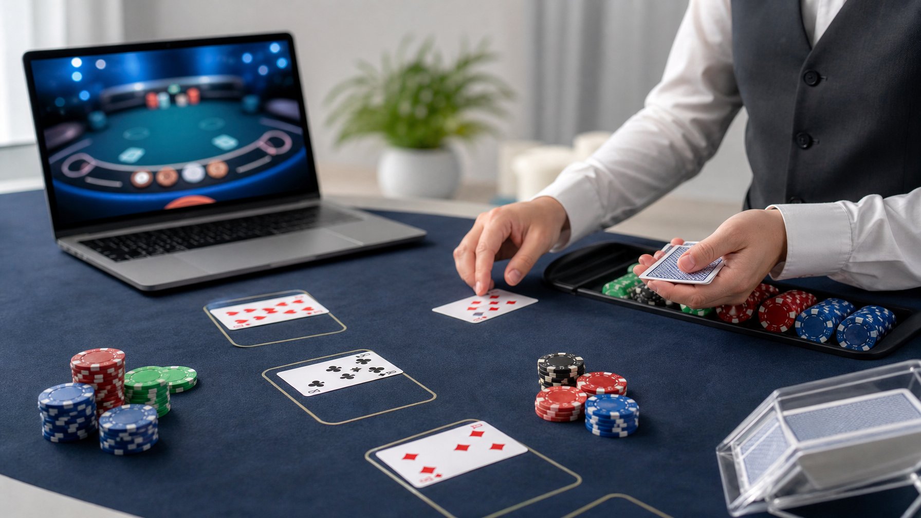Meja blackjack dengan kartu, keping kasino, dan laptop yang menampilkan permainan digital.