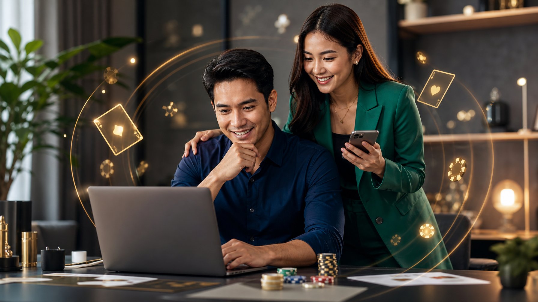 Dua orang dewasa tersenyum menggunakan laptop dan ponsel di ruang kerja modern dengan elemen kasino yang elegan.