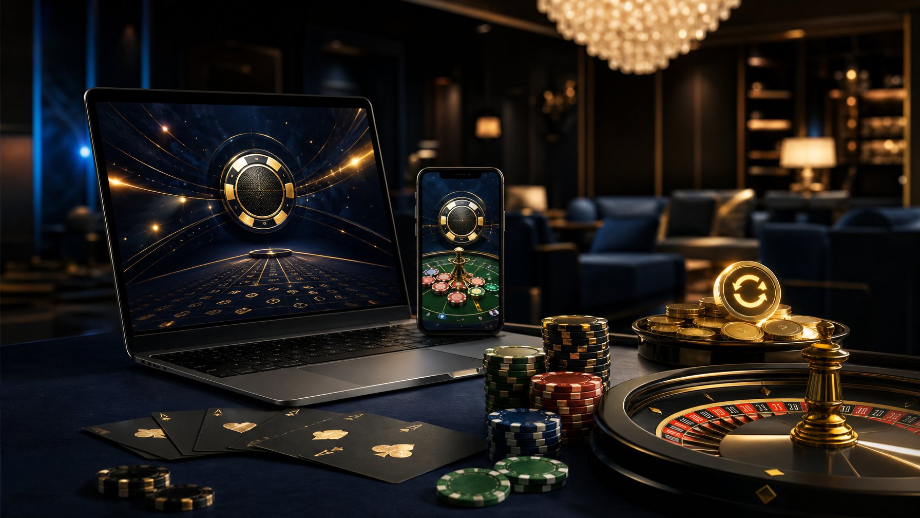 Laptop dan ponsel menampilkan antarmuka permainan kasino dengan chip, kartu, roda roulette, dan koin emas di atas meja elegan.