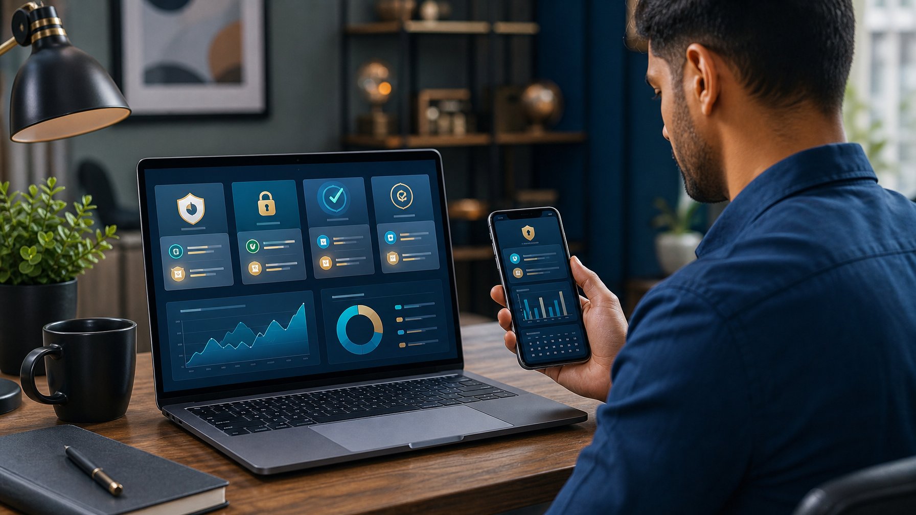 Orang dewasa membandingkan platform digital dengan ikon keamanan dan grafik cashback mingguan di laptop dan ponsel.