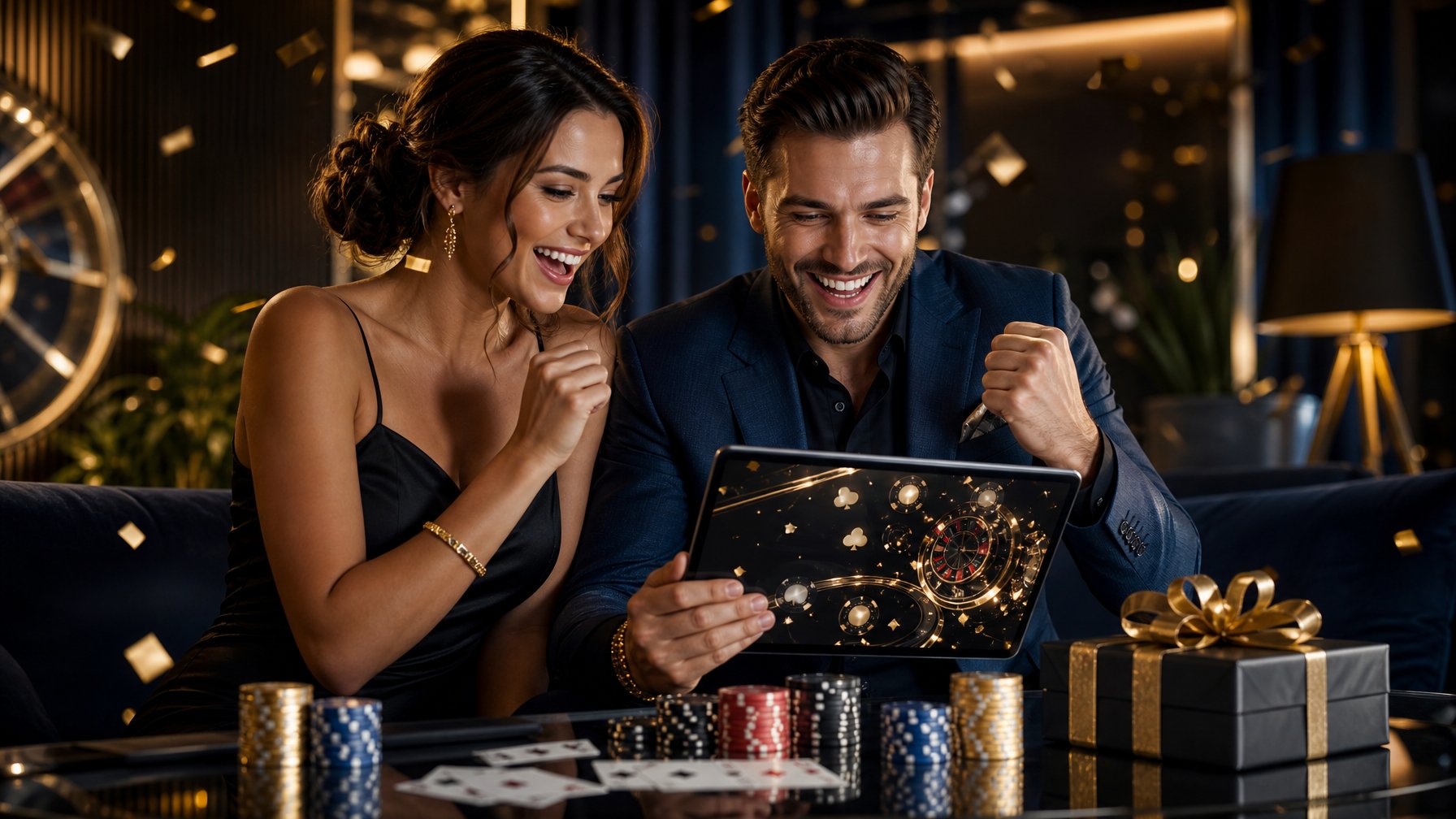Dua orang dewasa merayakan hadiah loyalitas di lounge mewah dengan tablet, chip kasino, dan kotak hadiah.