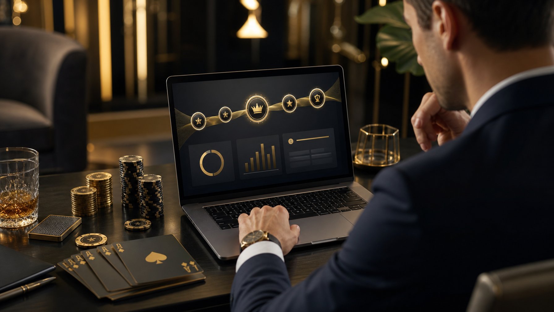 Seorang anggota melihat dasbor promosi abstrak di laptop dengan kartu dan keping kasino di meja.