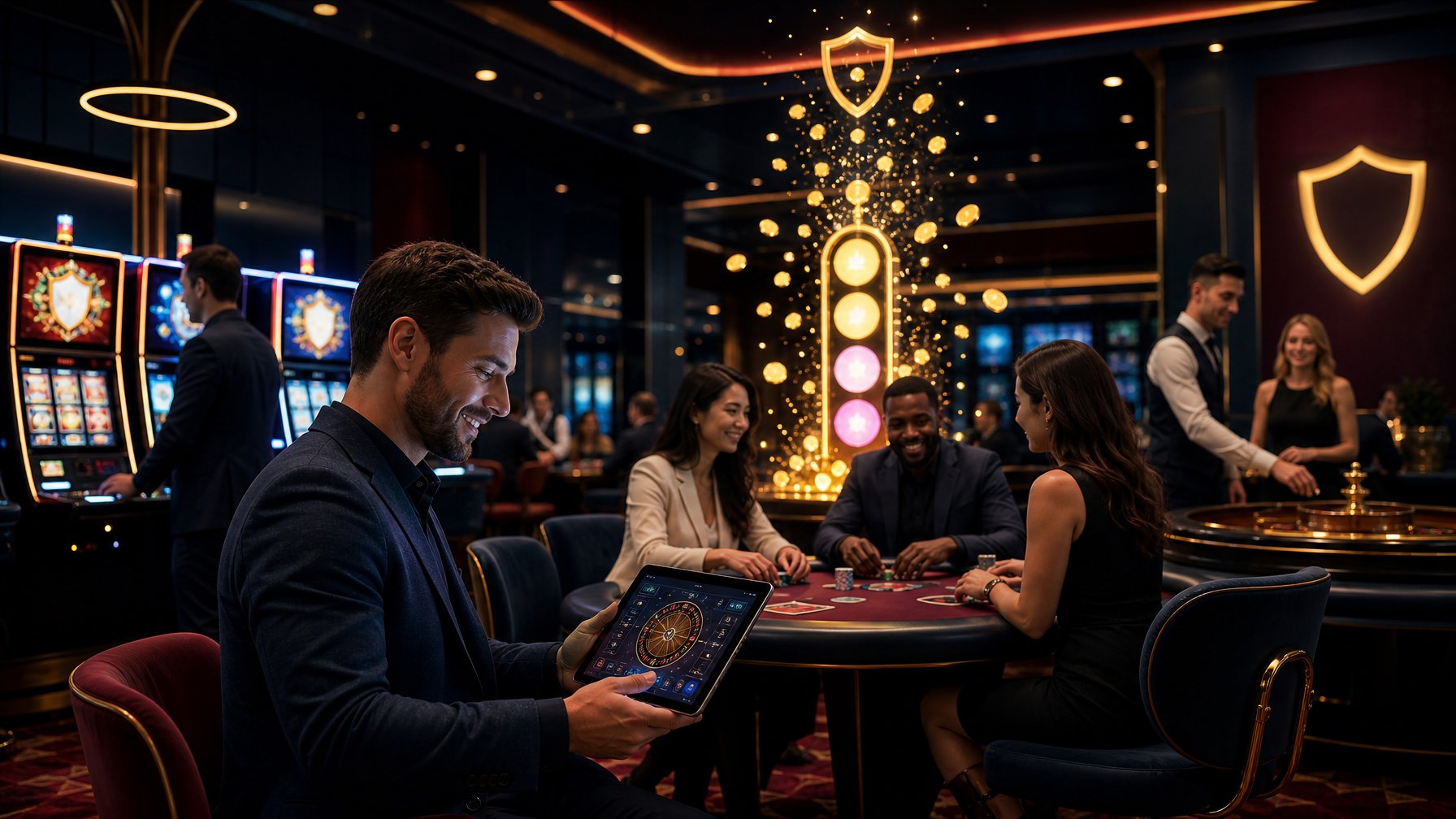 Suasana kasino online modern dengan pemain dewasa menikmati permainan dan nuansa hadiah jackpot yang meningkat.