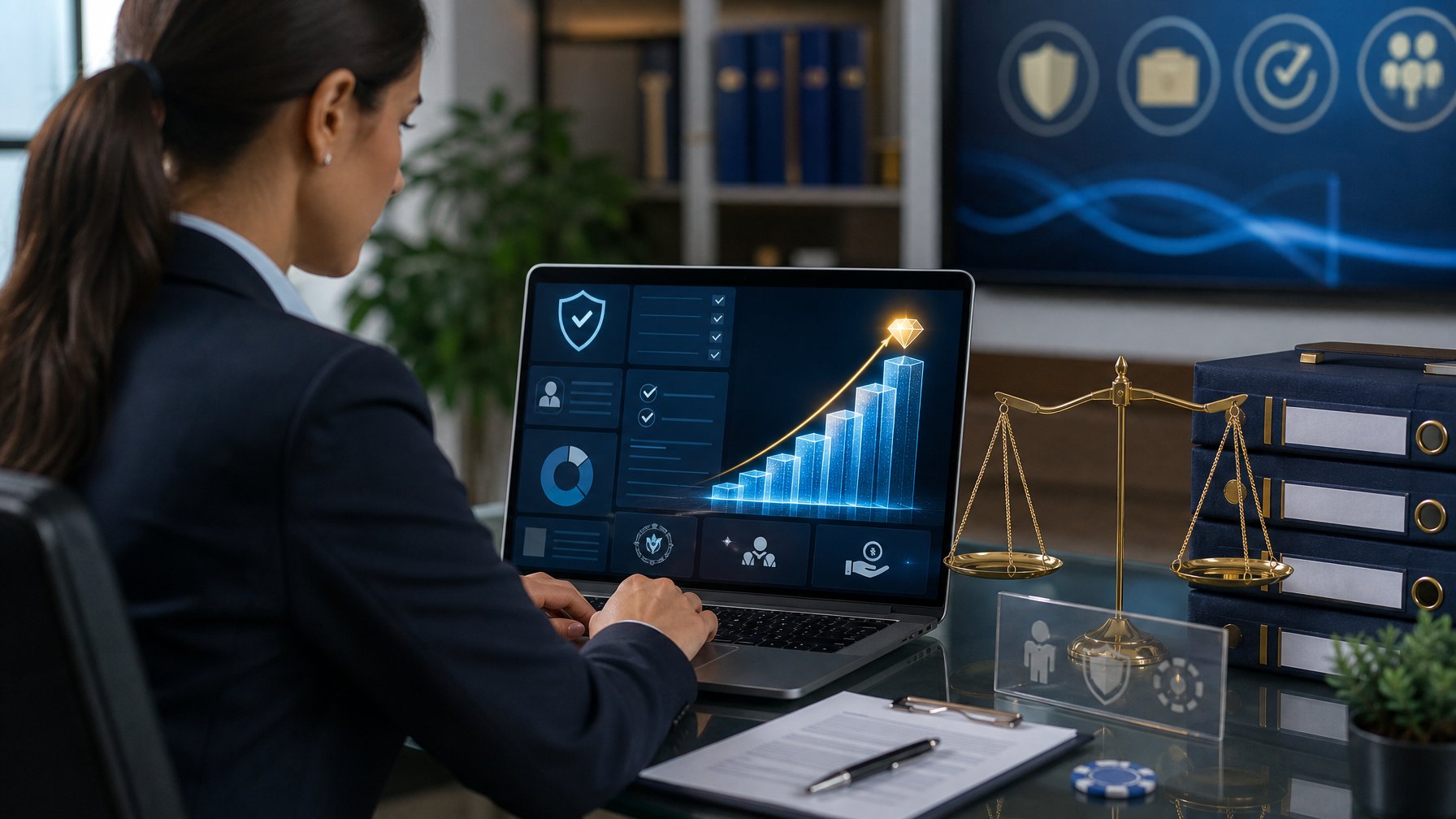 Seorang analis meninjau keamanan dan transparansi platform taruhan online melalui laptop di ruang kerja modern.
