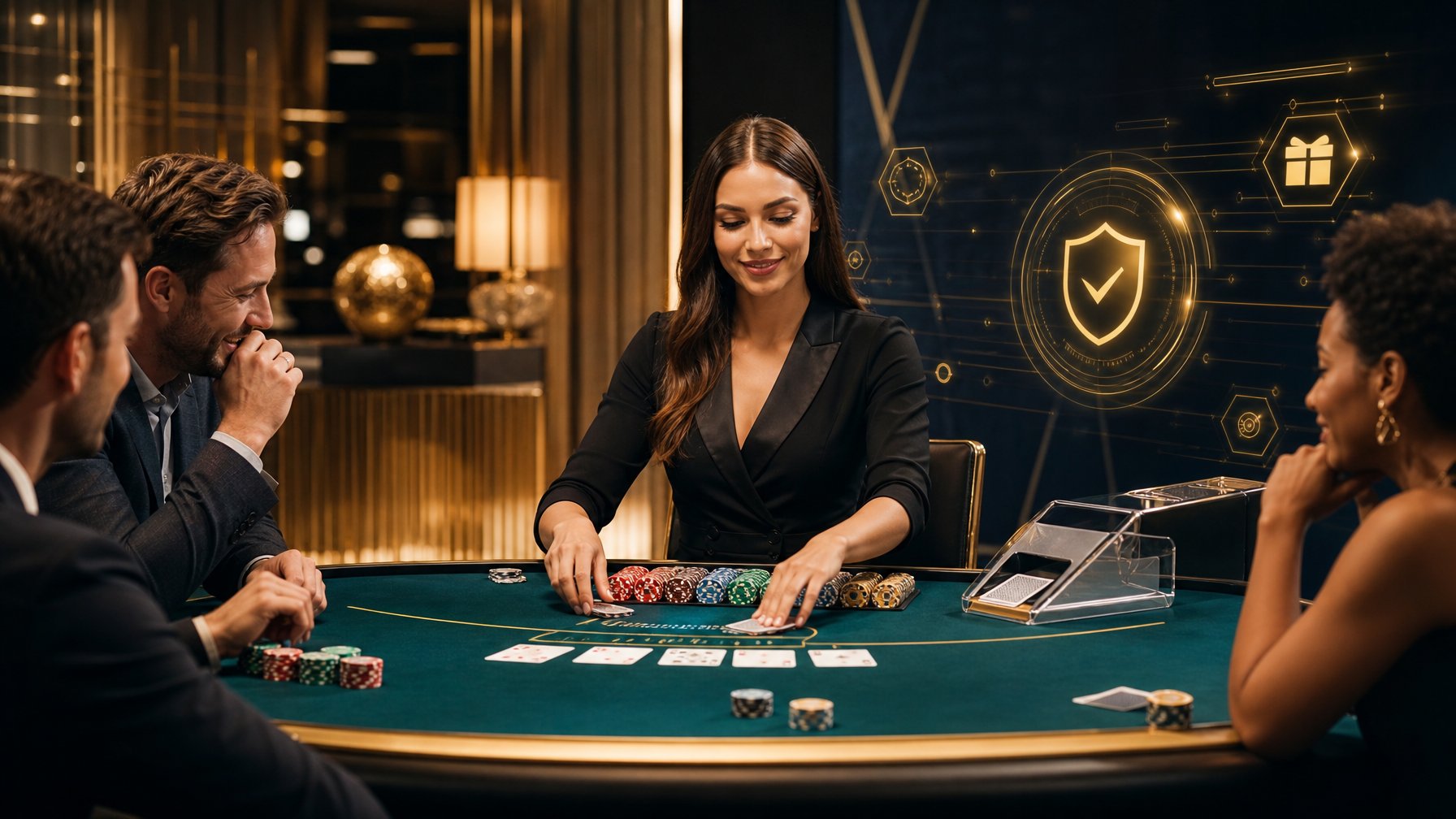 Dealer dan pemain dewasa berada di meja kasino langsung dalam suasana kasino modern yang elegan.
