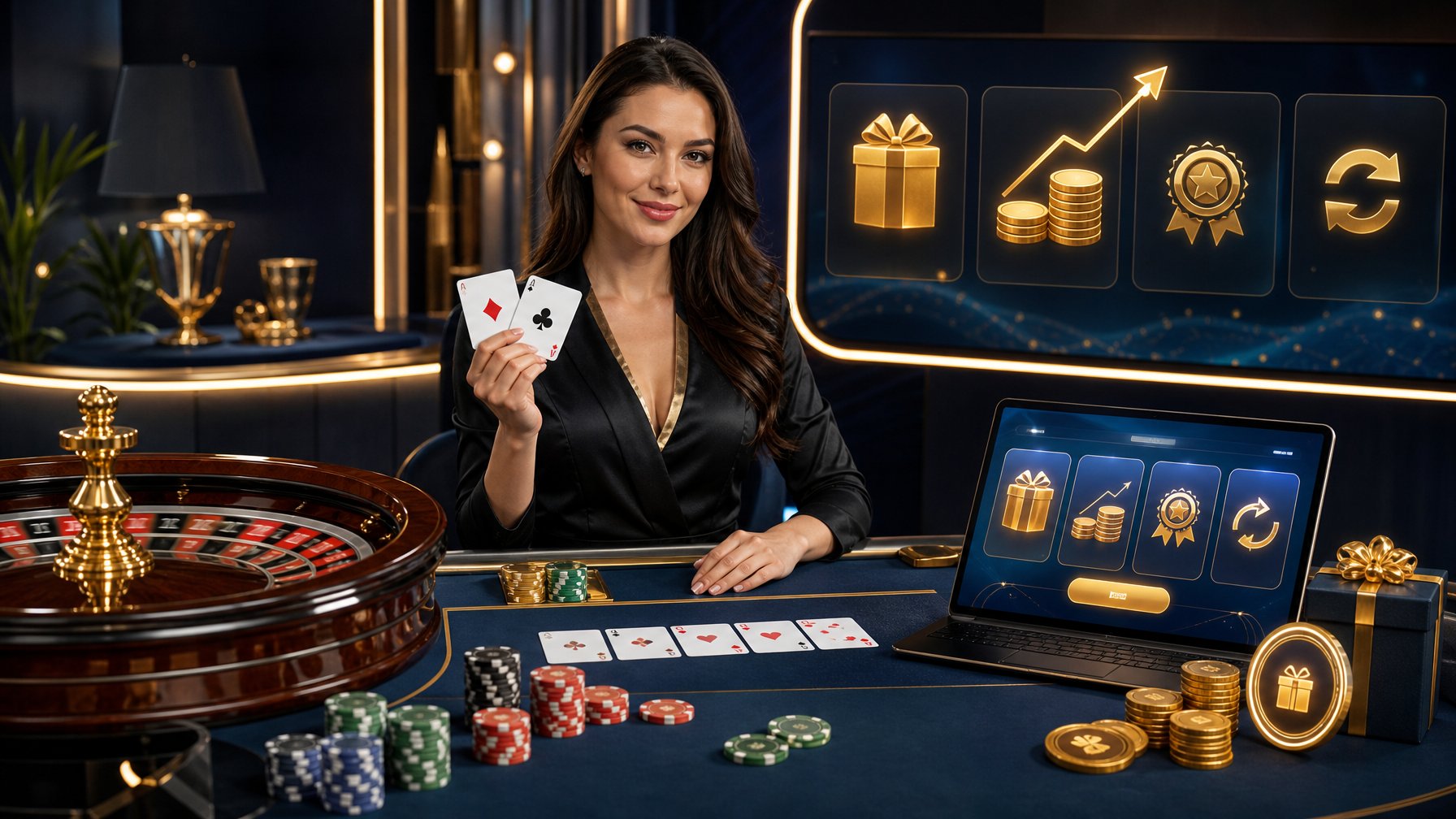 Dealer kasino live berada di meja permainan dengan kartu, chip, roda roulette, dan perangkat digital yang menampilkan simbol hadiah.