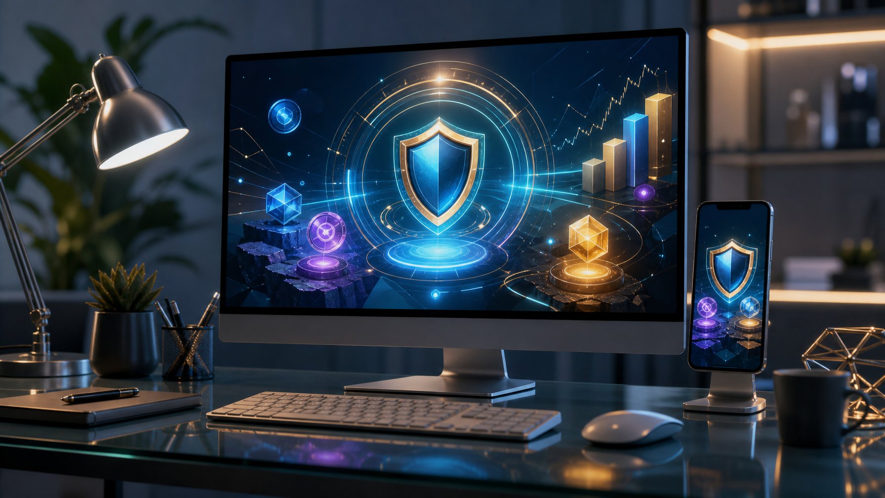 Monitor dan ponsel menampilkan antarmuka permainan digital abstrak di ruang kerja modern.