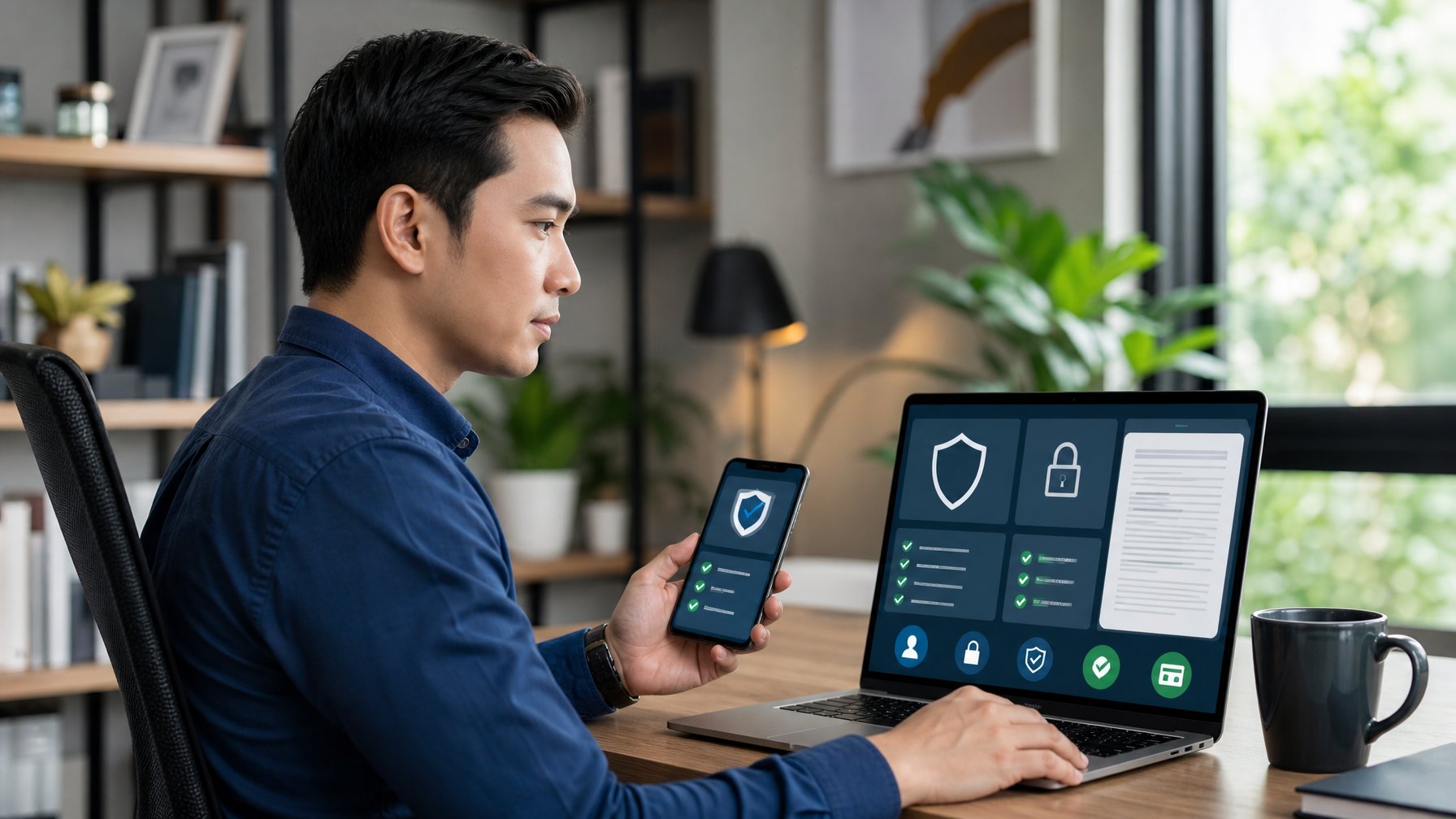 Seorang profesional meninjau keamanan dan transparansi platform digital di laptop dengan simbol perisai dan gembok.