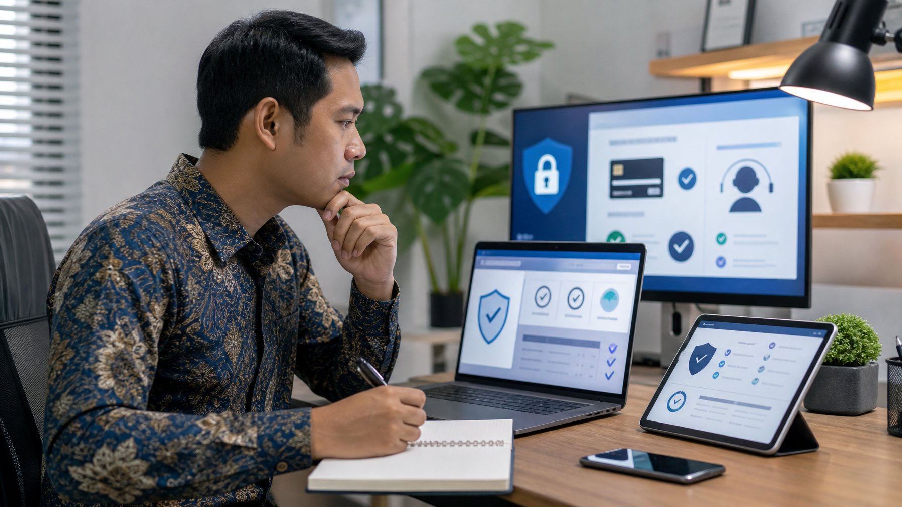 Seorang profesional Indonesia menilai keamanan dan kredibilitas platform daring menggunakan laptop, tablet, dan simbol perlindungan data.
