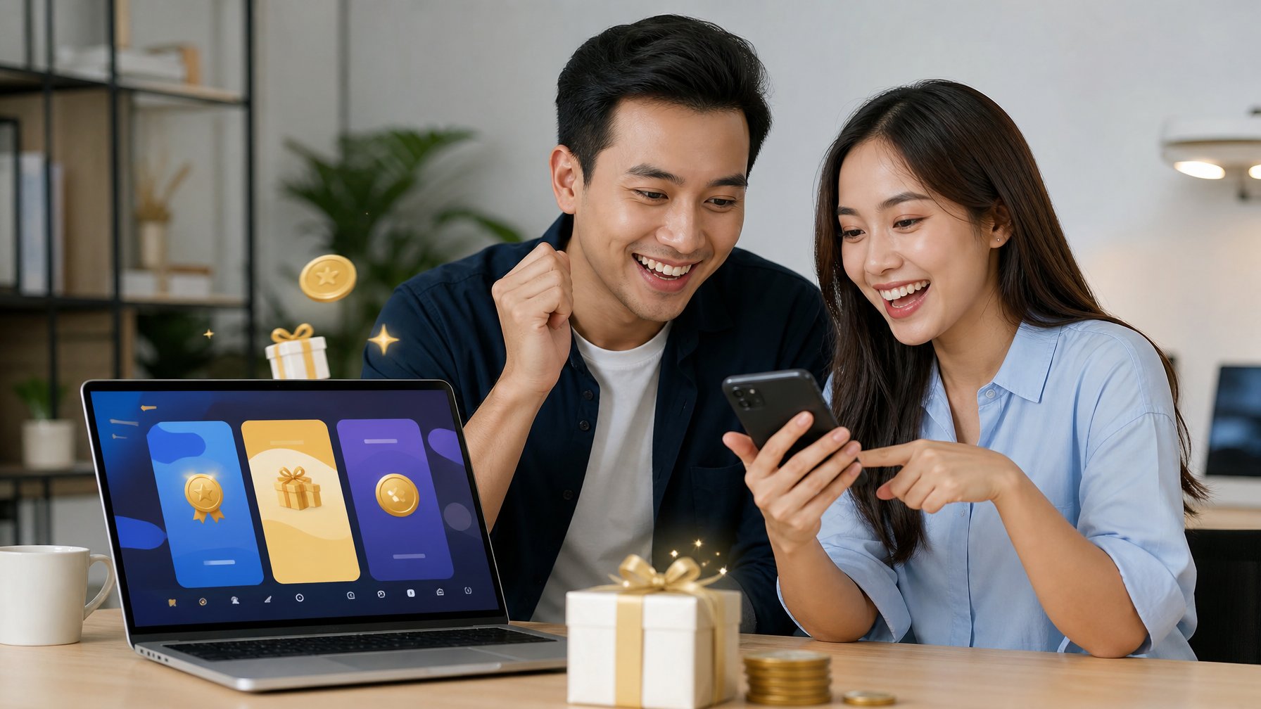 Dua orang dewasa melihat laptop dan ponsel dengan ikon hadiah serta elemen antarmuka digital berwarna-warni.