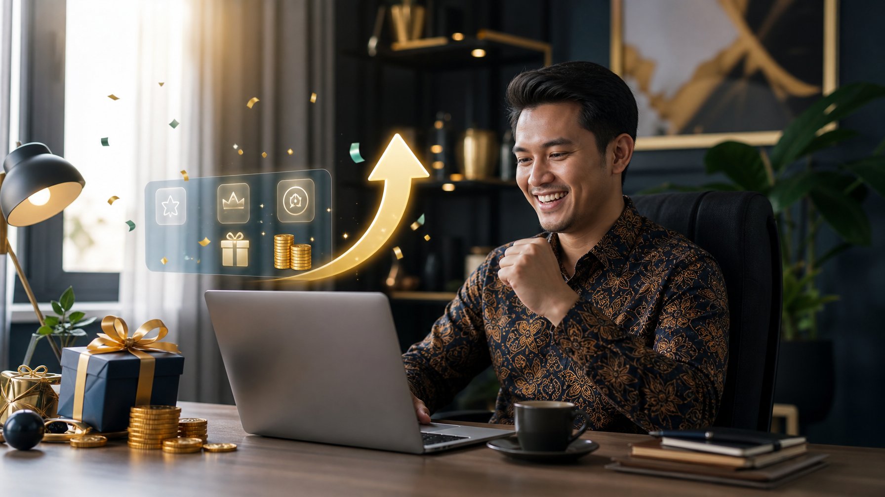 Seorang profesional muda tersenyum melihat laptop dengan simbol hadiah dan koin emas di meja kerja modern.