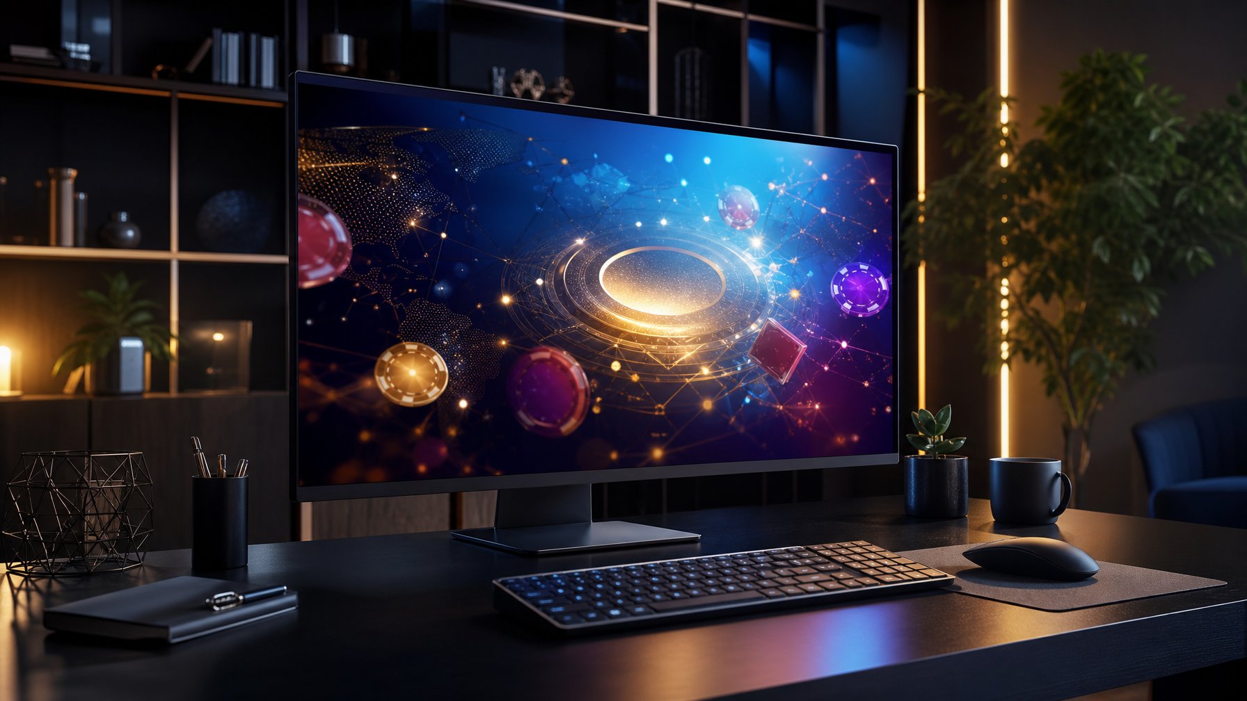 Monitor komputer menampilkan antarmuka digital abstrak dengan cahaya biru, ungu, dan emas di atas meja kerja modern.