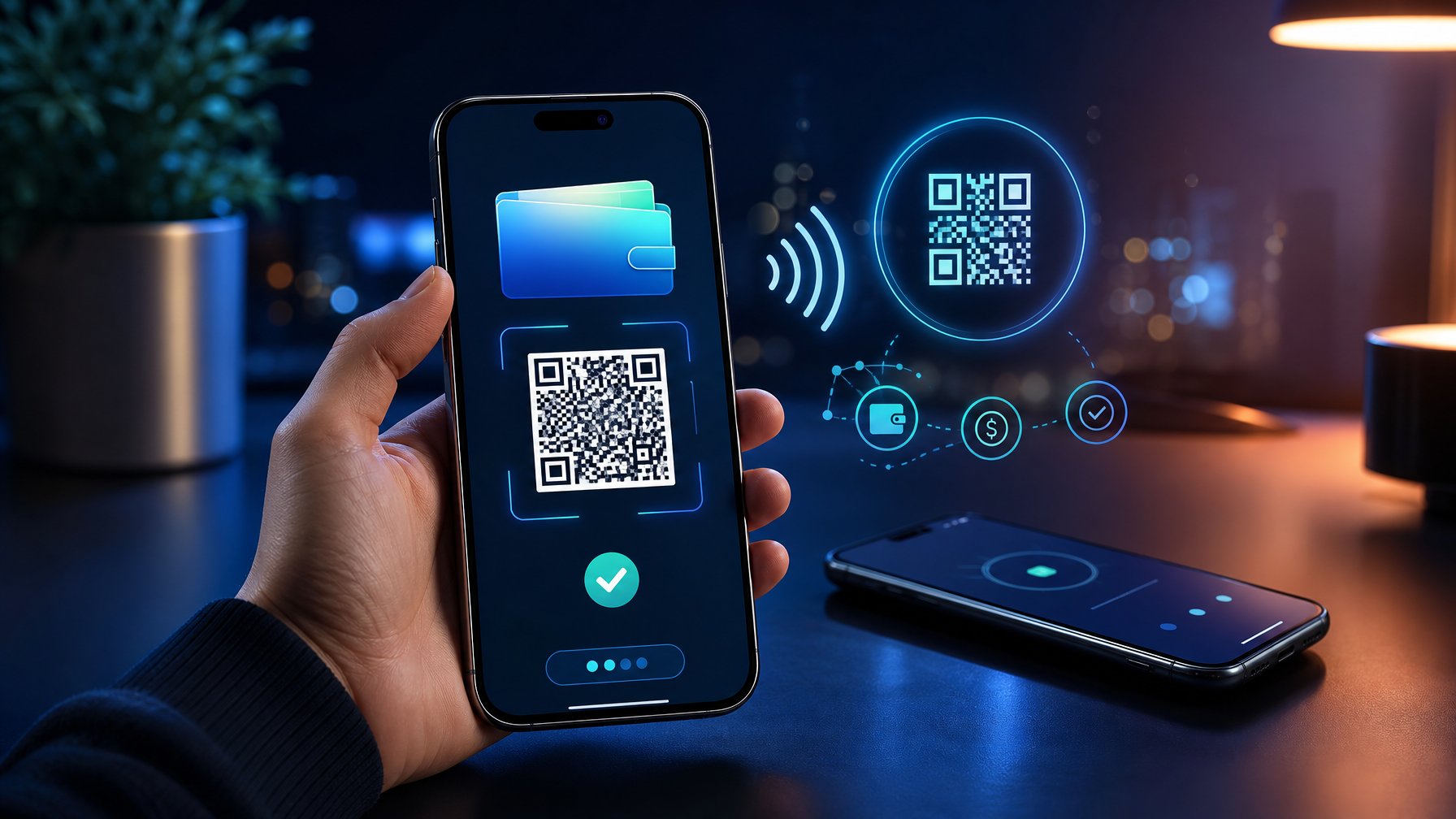 Ponsel menampilkan antarmuka pembayaran digital dengan simbol QR dan elemen dompet elektronik di atas meja modern.