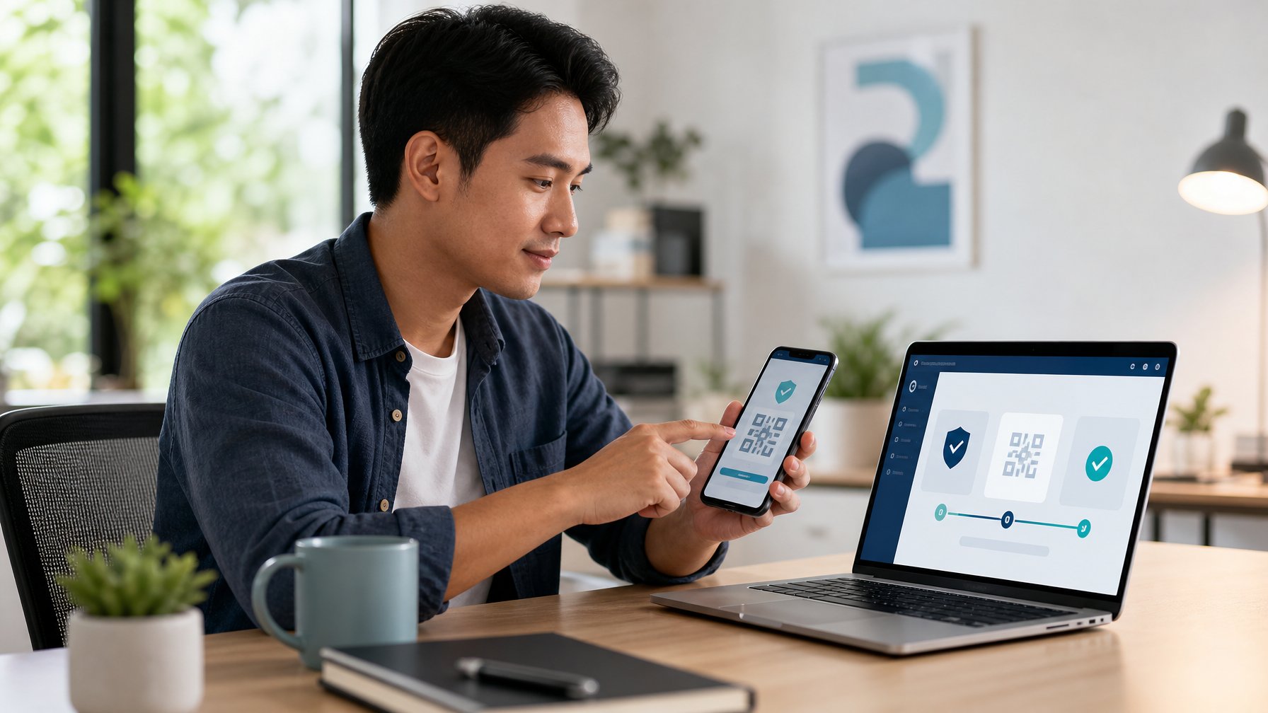 Seseorang membandingkan pilihan pembayaran digital yang aman menggunakan ponsel dan laptop di ruang kerja modern.