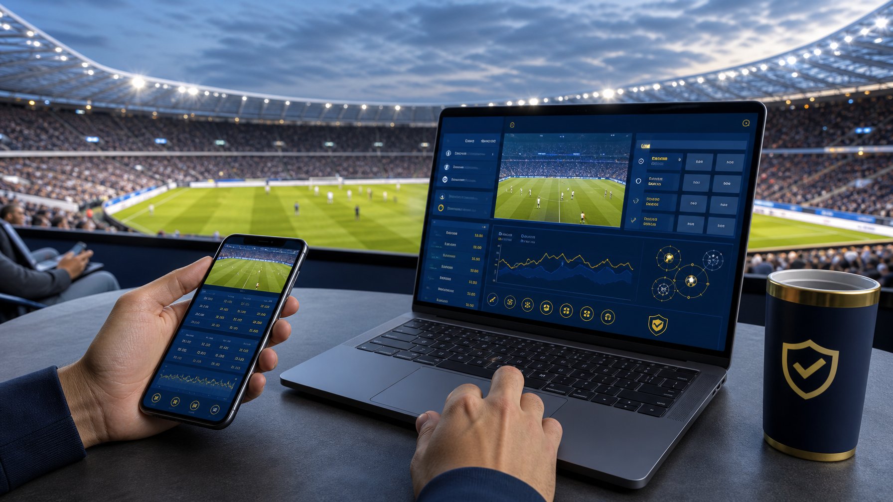 Perangkat digital menampilkan antarmuka pertandingan sepak bola di depan stadion yang terang pada malam hari.