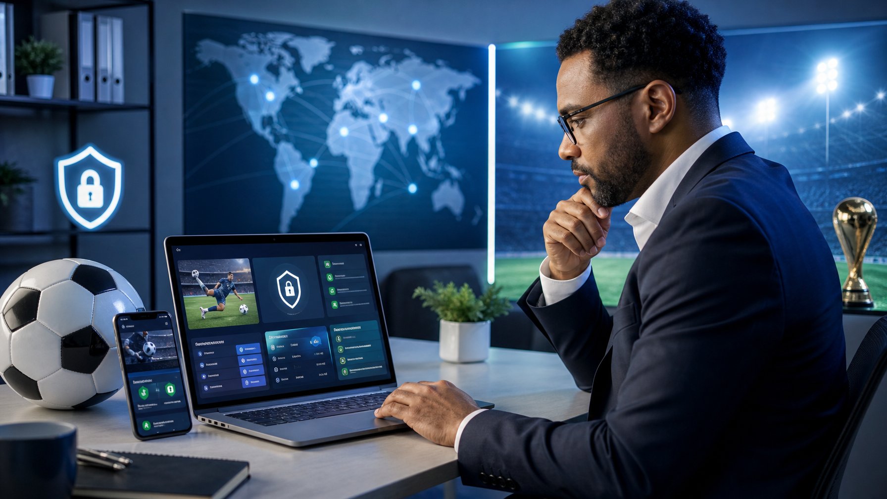 Profesional keamanan memeriksa platform taruhan sepak bola digital yang dilengkapi simbol perlindungan data dan verifikasi.