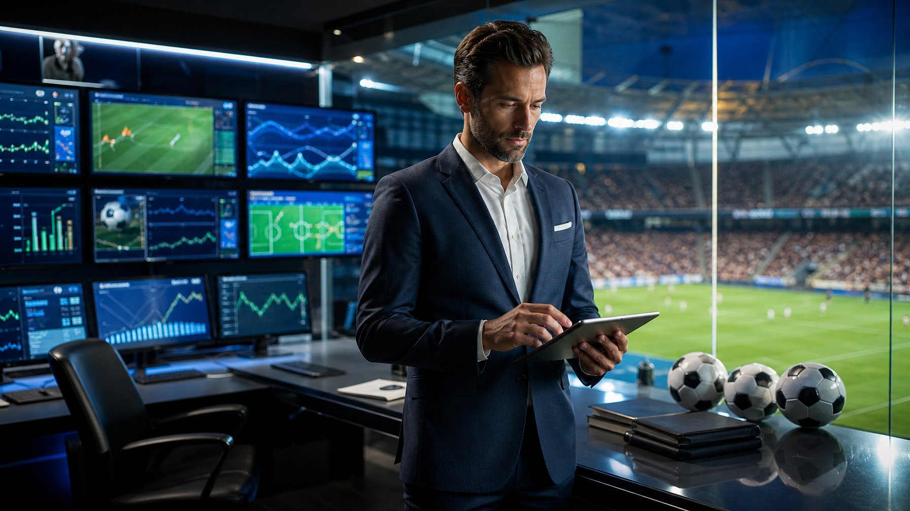 Seorang profesional menganalisis data pertandingan sepak bola di ruang kerja modern dengan latar stadion.
