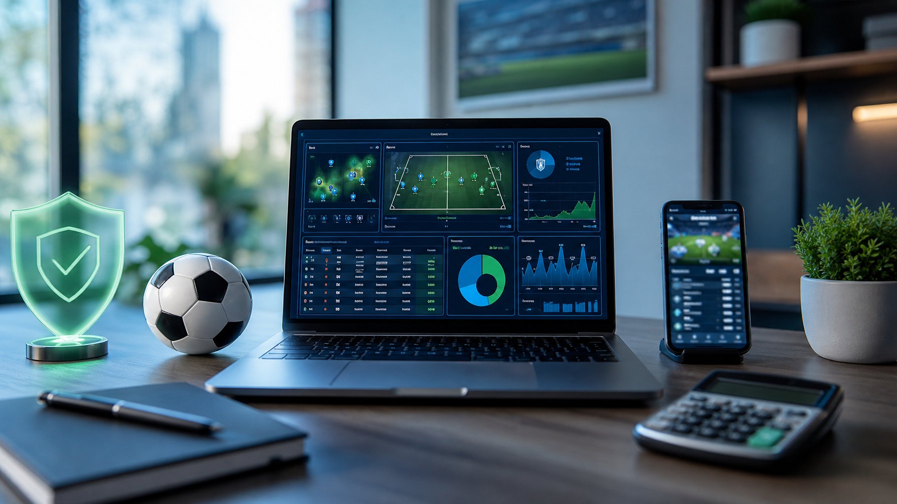 Laptop dan ponsel menampilkan analisis pertandingan sepak bola di meja kerja modern dengan bola dan kalkulator.