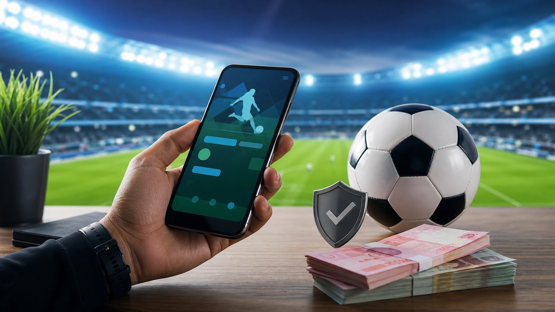 Tangan memegang ponsel di samping bola sepak dan simbol pembayaran aman, dengan stadion sepak bola terlihat di latar belakang.