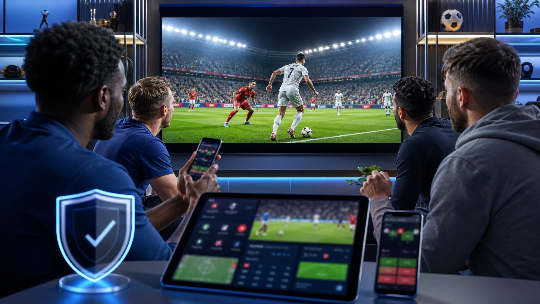 Penggemar sepak bola menyaksikan pertandingan langsung melalui perangkat digital di ruang modern.