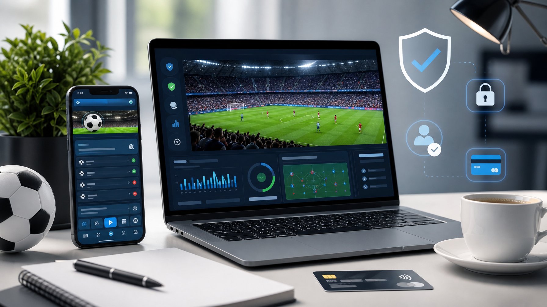 Laptop dan ponsel menampilkan pertandingan sepak bola langsung dengan simbol keamanan di meja kerja modern.