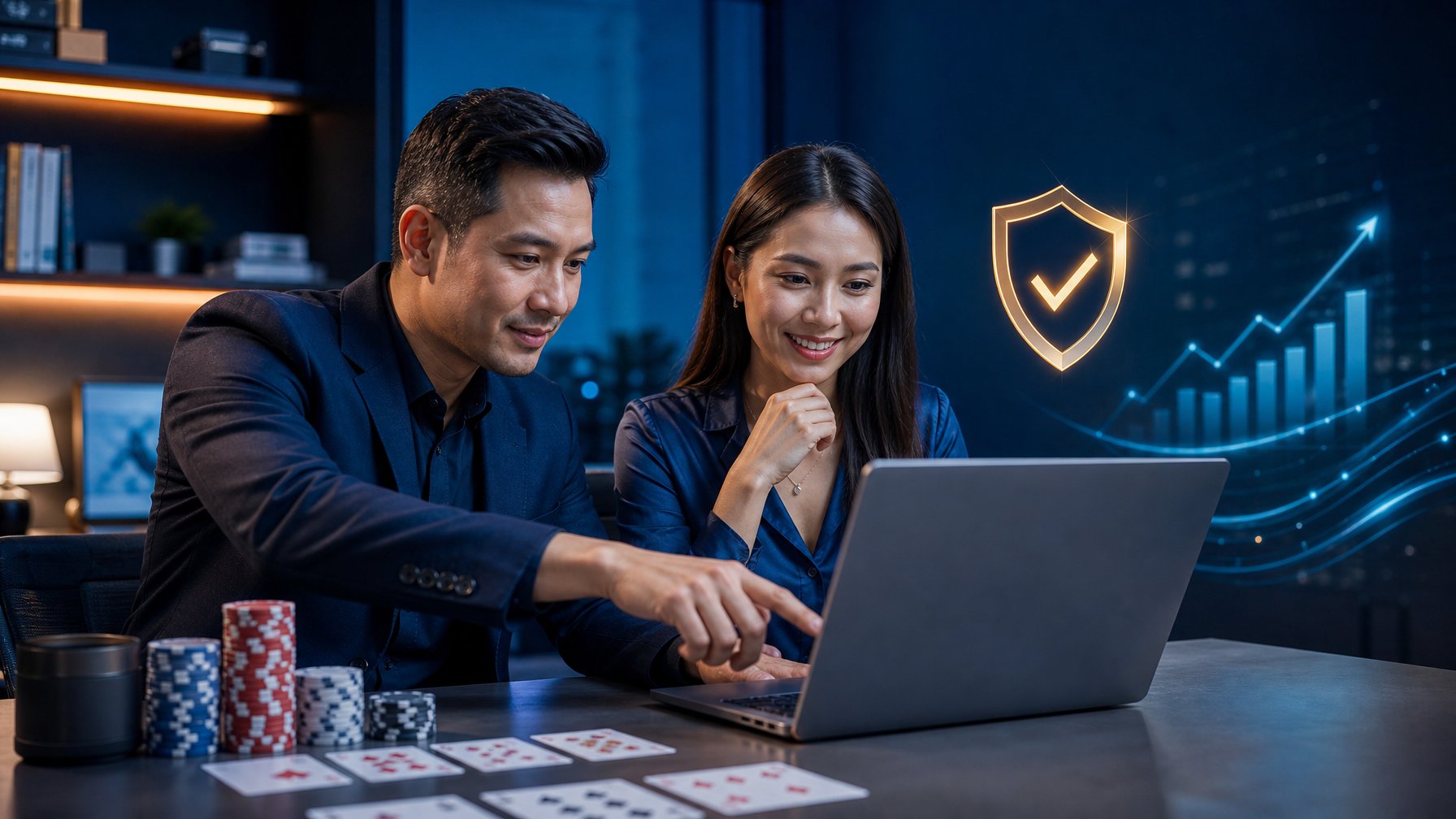 Dua orang dewasa menggunakan laptop dengan kartu permainan dan grafik analitik di meja kerja modern.