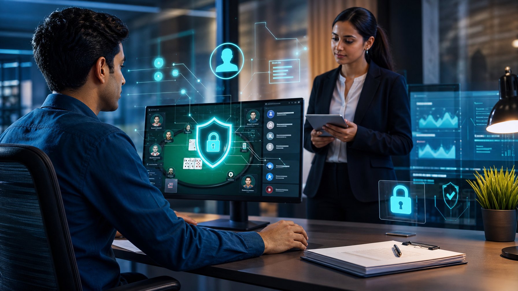 Orang dewasa menggunakan platform permainan kartu online yang dilengkapi simbol keamanan, verifikasi identitas, dan perlindungan data.