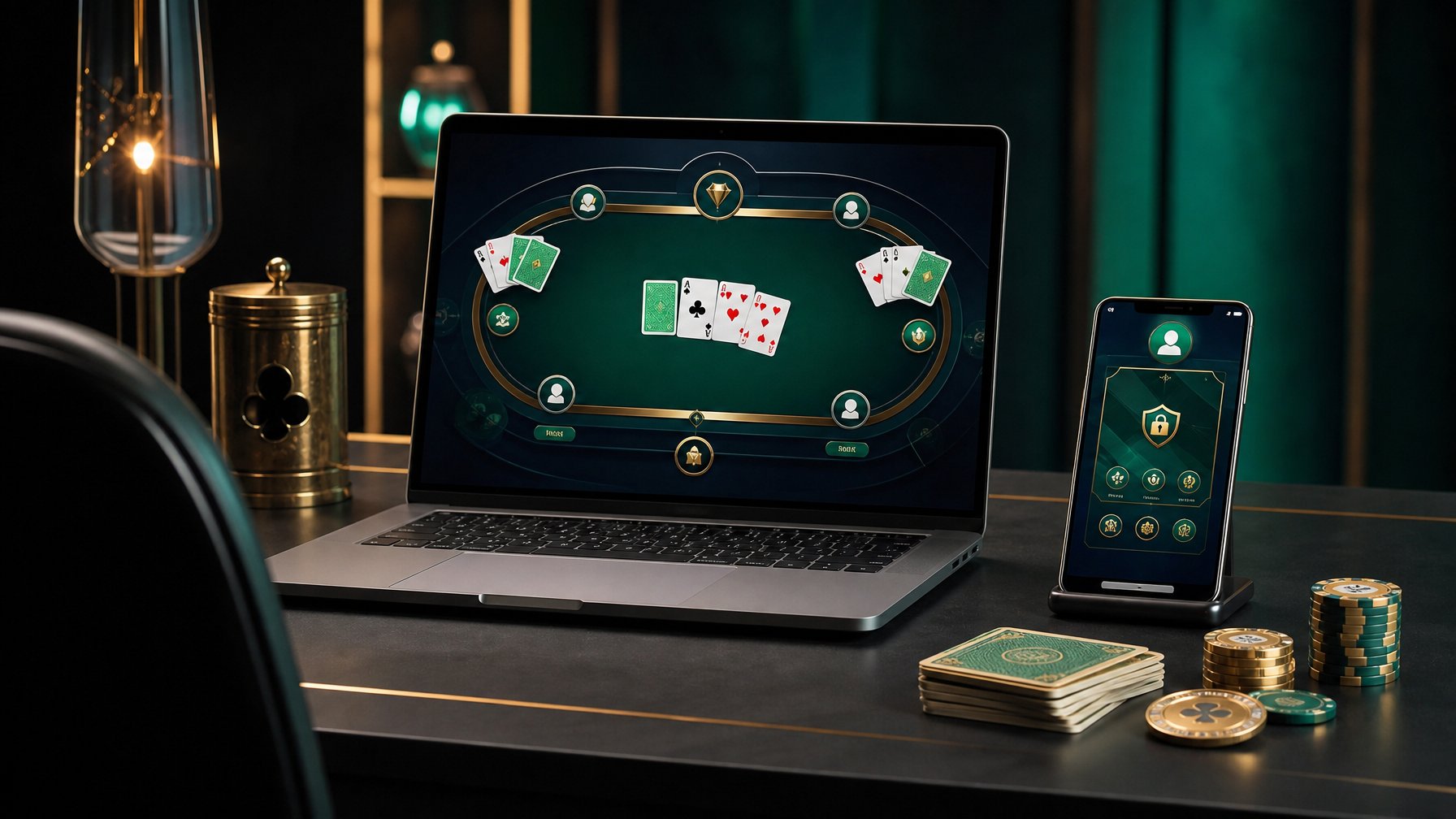Laptop dan ponsel menampilkan antarmuka permainan kartu online di atas meja dengan kartu dan token.