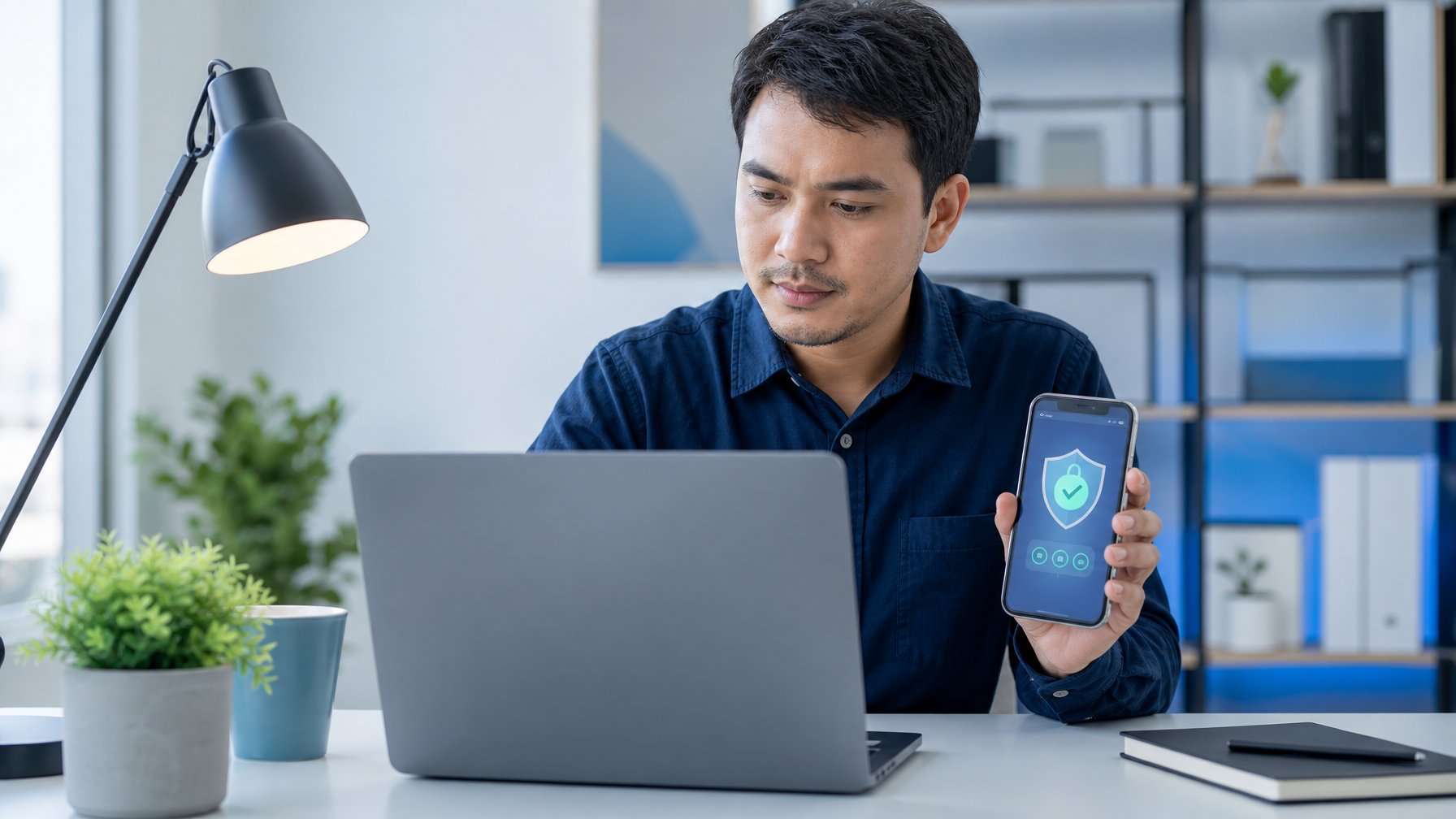 Seseorang memeriksa keamanan dan keaslian akses situs di laptop dan ponsel dalam ruang kerja modern.