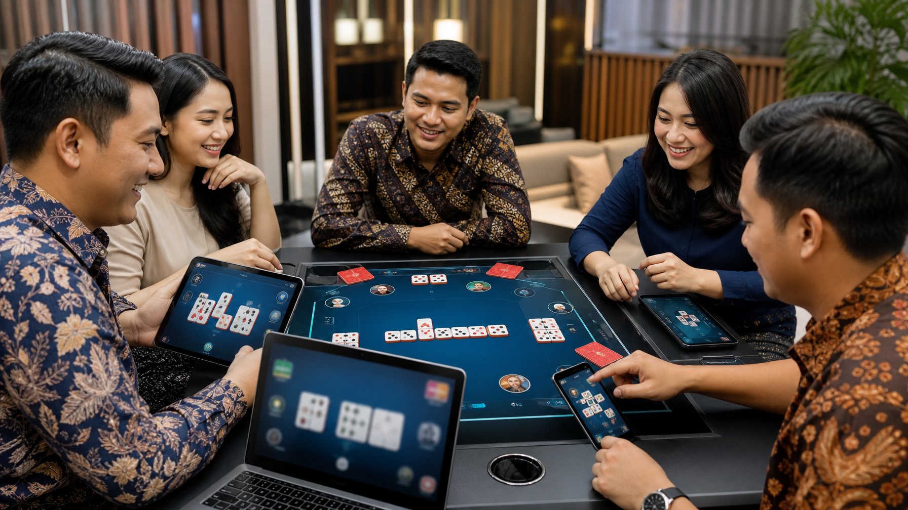 Sekelompok pemain dewasa bermain domino secara online bersama di ruang permainan modern.