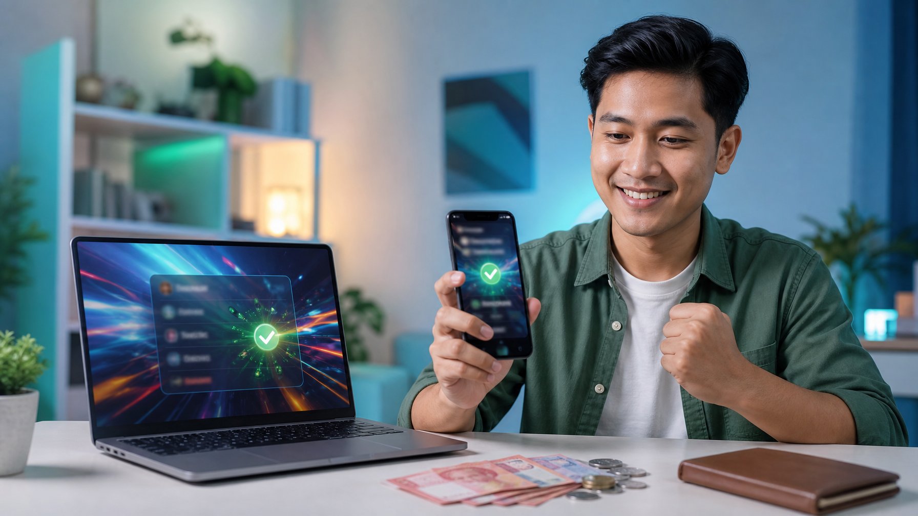 Seorang dewasa muda menggunakan ponsel dan laptop untuk melakukan transaksi digital di meja kerja modern, dengan uang rupiah tertata di sampingnya.
