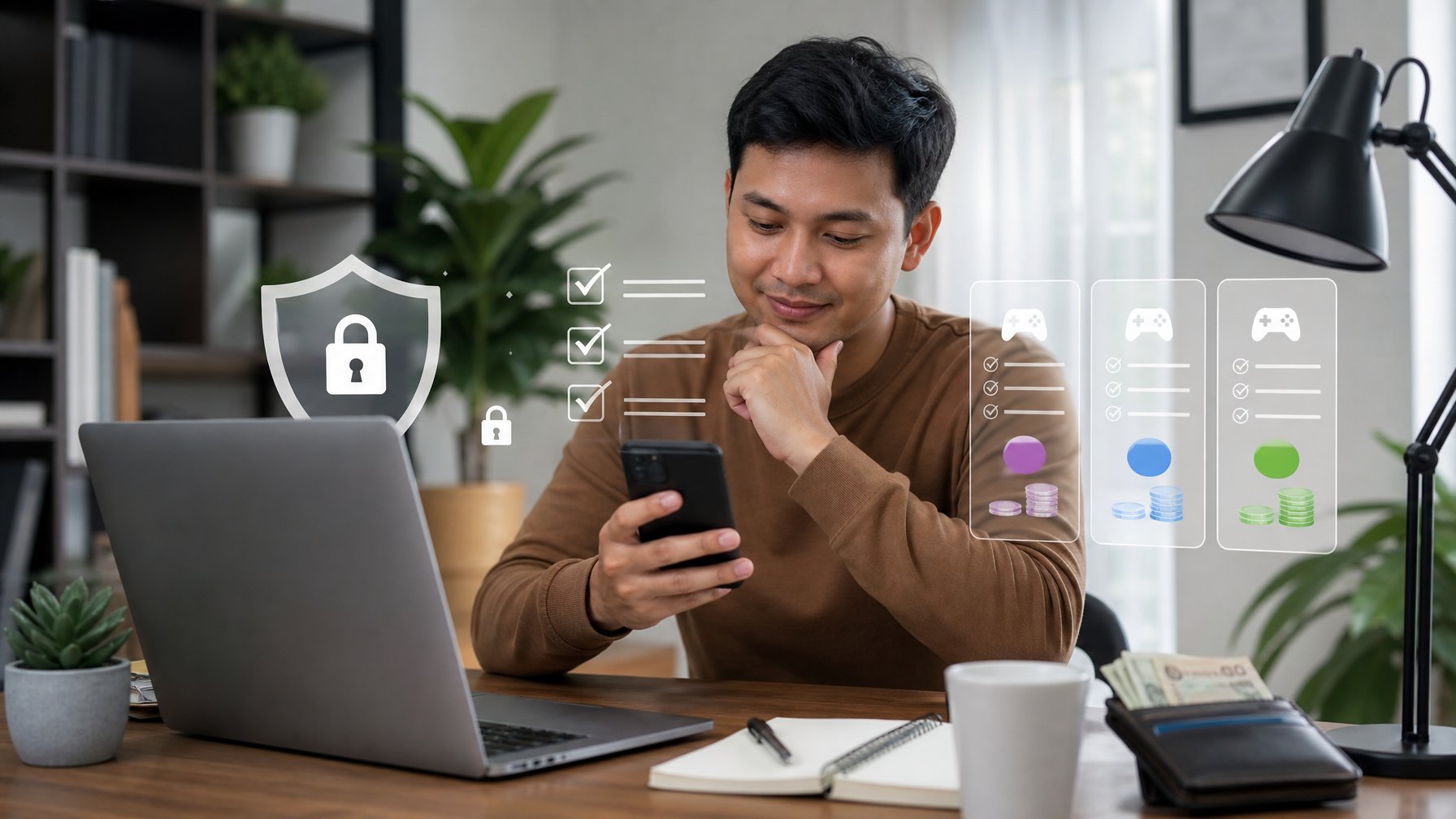Pengguna membandingkan platform hiburan digital yang aman di laptop dan ponsel dalam ruang kerja modern.